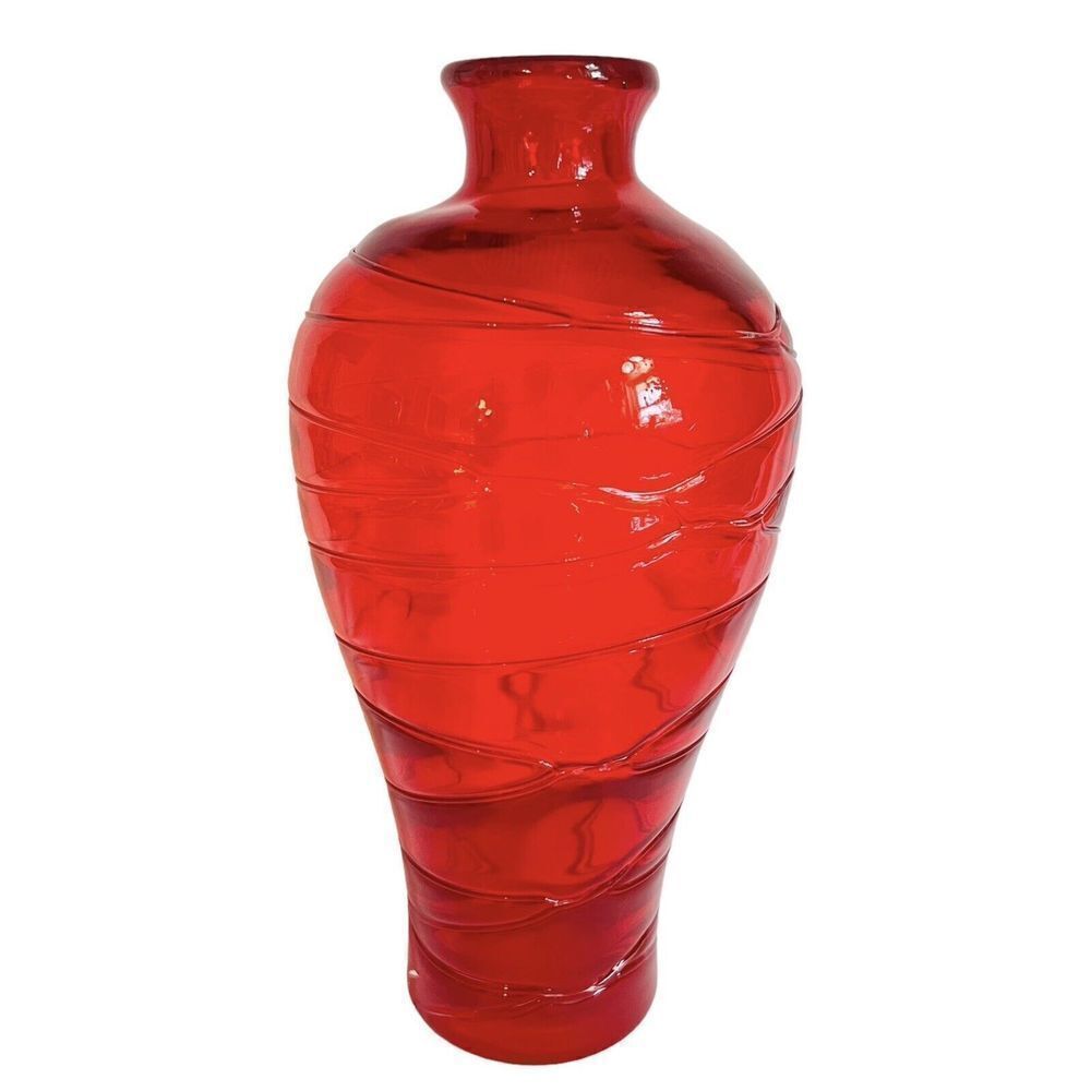 Large 12“ Red Art Glass Vase With Applied Circles Tall Beautiful